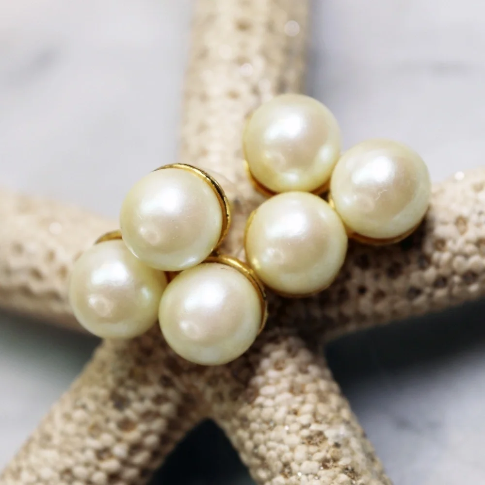 Pearl Earrings ~ Elegant Pierced Vintage Triple 8mm Cream Pearls in Gold Setting